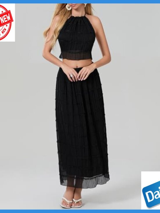 Strapless Crop Top Bodycon Midi Skirt Set 2 Piece Knit Outfit - Picture 2 of 6